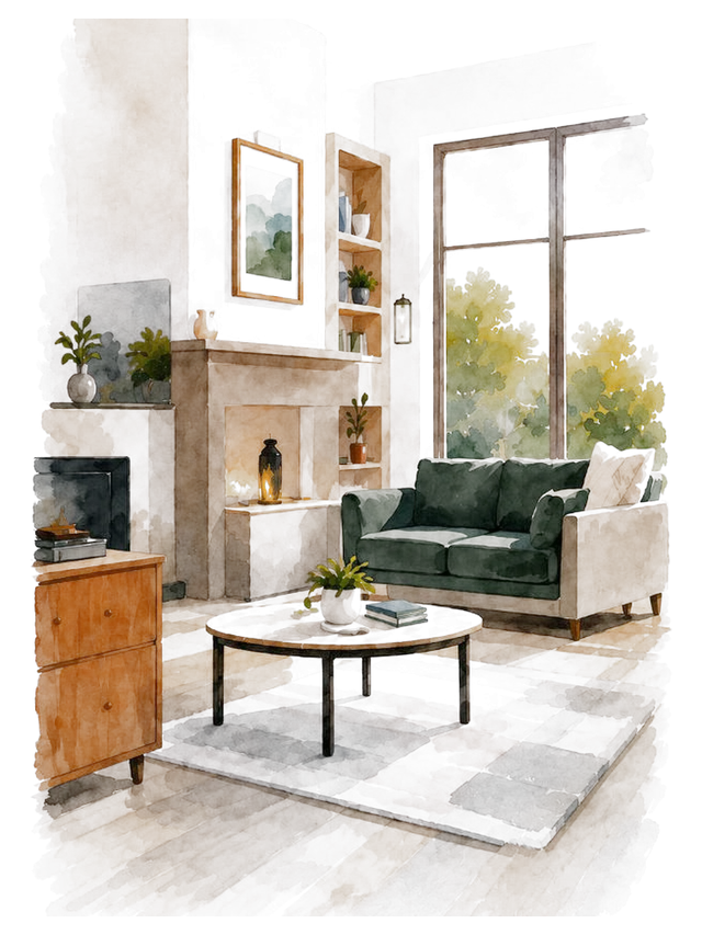 A sunlit living room with a sofa, plants, and tall windows